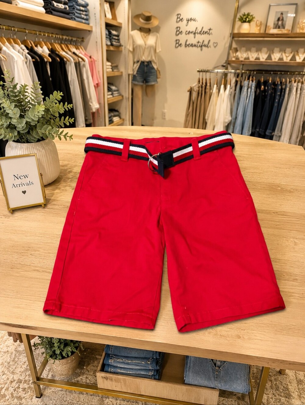 Tommy Hilfiger Red Flat-Front Kids Boy's Shorts with Striped Belt
